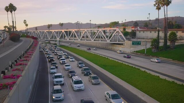 Traffic jam behind a car crash on route 101 in Ventura, CA