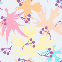 Autumn leaves background. Vector seamless pattern with colorful leaf silhouettes, berries. Modern abstract ornament texture in bright pastel colors. Watercolor style doodle illustration. Repeat design