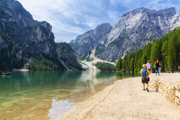 Walk to Lake Braies, a small alpine lake in Val Pusteria, South Tyrol