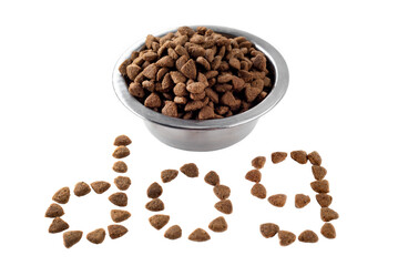 Food for dogs and Pets. A bowl with dog food and an inscription on a white background. Isolate the feed.