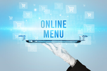 Waiter serving ONLINE MENU inscription, online shopping concept