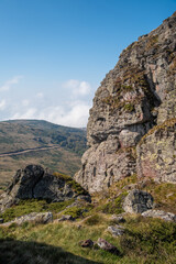 View from the top of Babin zub (The Grandmather's tooth) on Old mountain, which is the most beautiful peak of Stara planina ( Balkan mountains).The impressive and big striking rocks and dense plants.