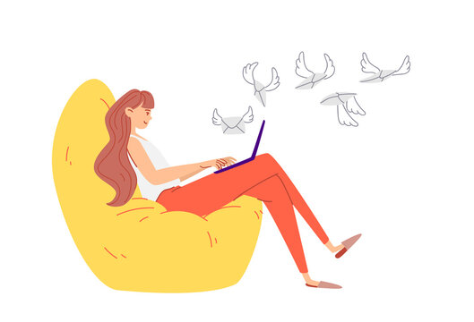 The girl sends Internet letters online. A young woman in red trousers sits in a large soft armchair with a laptop on her lap. Winged letters fly to the Internet address. Vector stock illustration.