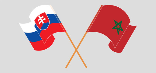 Crossed and waving flags of Slovakia and Morocco