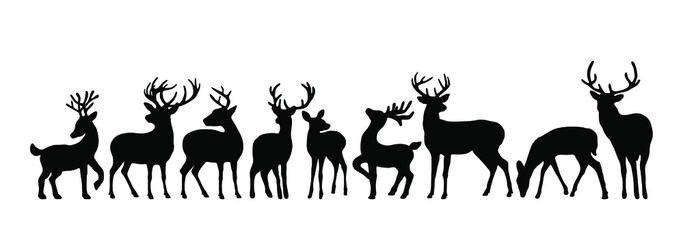 Vector big set of black deer stag reindeer with antlers.Outline silhouette stencil drawing illustration isolated on white background .Sticker.T shirt print.Plotter Cutting. Laser cut. Christmas decor.