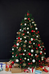 Fototapeta na wymiar Christmas tree decor presents new year's background