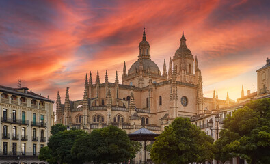 Fototapeta na wymiar Cathedral and Gothic and medieval architecture in the main square of Segovia, Castilla y Leon, Spain, a UNESCO World Heritage Site