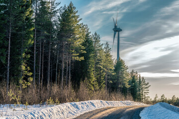 Standalone wind turbine rising above pine tree forest, road with snow at sides, blue sky. Northern...