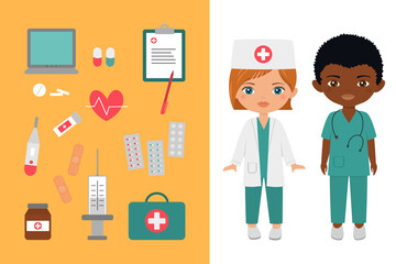 1465_Cute chibi characters in medical suits. Medical pharmaceutical, big set of medical products. Professions for children