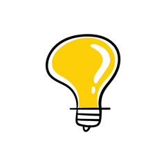 Doodle light bulb. Electric lamp hand drawn illustration. Yellow lightbulb vector sketch. Symbol of idea and solution.