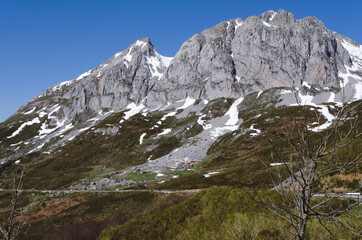 Fototapeta na wymiar Mountain landscape with snowy mountains.Limestone mountain.