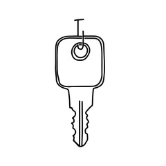 Hand-draw black vector illustration of metallic key located on a metal hook on the door