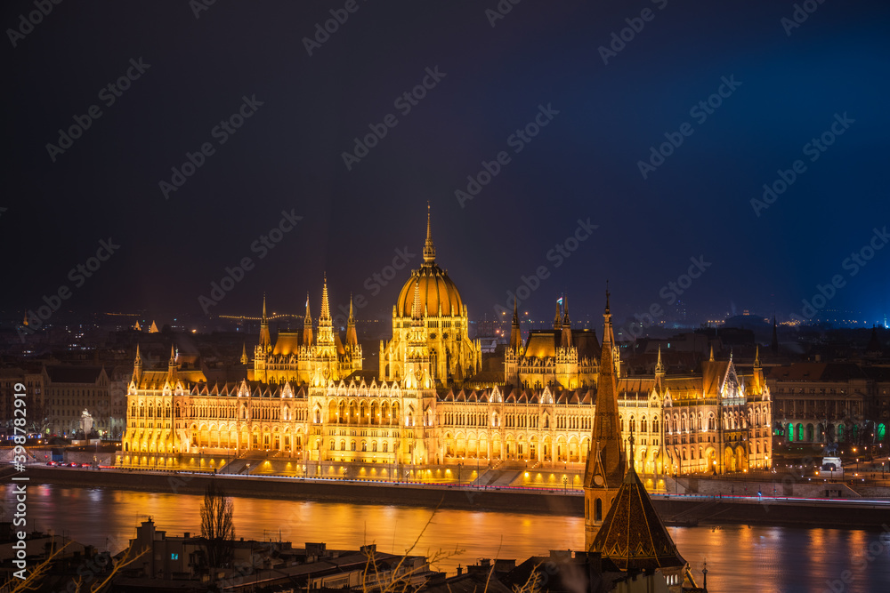 Canvas Prints Illuminated Hungarian Parliament dome viewed  at night in Budapest, Hungary