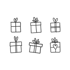 Hand drawn gifts collection. Present box with ribbons. Doodle illustrations. Christmas gift symbols.