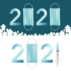 The year 2020, wearing masks prevent the coronavirus. The year 2021, produces a vaccine against covid 19 in a syringe. A white arrow plunges into the blue background. Vector illustration.