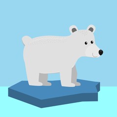 funny smiling white polar bear from side standing on ice floe, cute vector illustration for children