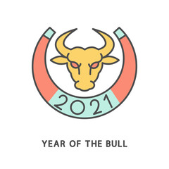 Icon - Year of the bull. The head of a bull with a horseshoe symbolizes good luck and happiness. The thin contour lines with color fills.