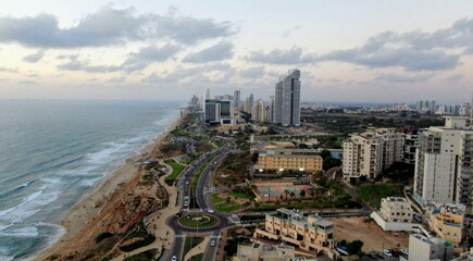 Netanya, Israel from a bird's eye view. Top-down view of the city during the Yom Kippur holiday,...
