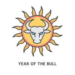 Icon - Year of the bull. The head of a bull in the rays of the sun as a symbol of creative energy. The thin contour lines with color fills.