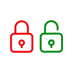 Seguridad. Logotipo candado abierto y candado cerrado con lineas en color rojo y verde