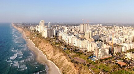 Netanya, Israel from a bird's eye view. Top-down view of the city during the Yom Kippur holiday,...