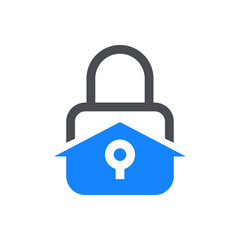 Logotipo seguridad en el hogar. Icono candado como casa con lineas en color gris y azul