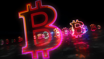 Bitcoin money symbol abstract neon 3d illustration