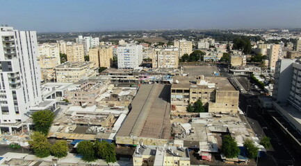 Netanya, Israel from a bird's eye view. Top-down view of the city during the Yom Kippur holiday,...