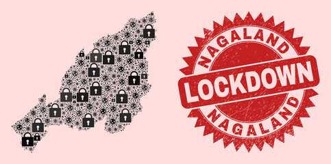 Vector Viral lockdown mosaic Nagaland State map and textured stamp imitation. Lockdown red stamp uses sharp rosette form. Collage Nagaland State map is composed from virus, and locked symbols.