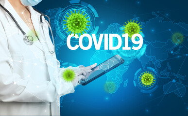 Doctor fills out medical record with COVID19 inscription, virology concept