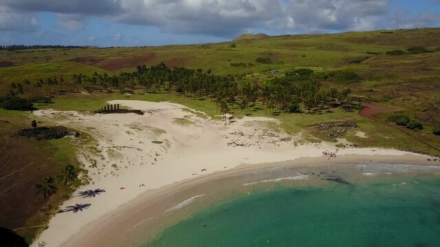 Aerial view of Anakena beach on the Easter Island, Chile