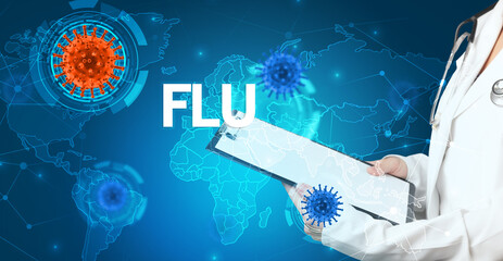 Doctor fills out medical record with FLU inscription, virology concept