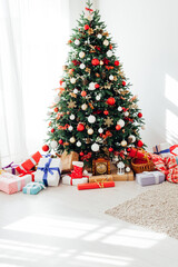 Interior room with Christmas tree window with new year gifts