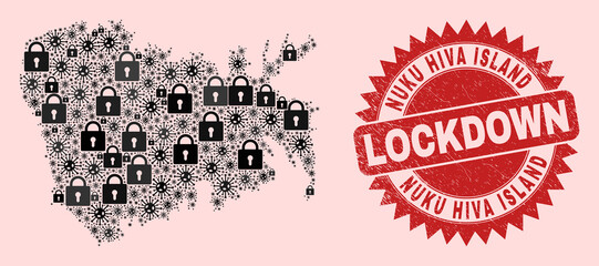 Vector Covid lockdown combination Nuku Hiva Island map and scratched seal. Lockdown red seal uses sharp rosette shape. Collage Nuku Hiva Island map is formed of flu virus, and locked icons.