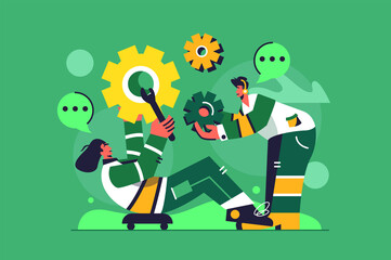 The guy and the girl are engaged in setting, the girl holds a wrench and lies on the lift, large gears isolated on a green background, flat vector illustration
