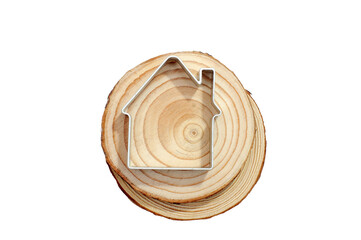 Wood texture slice and metal house shape on white background