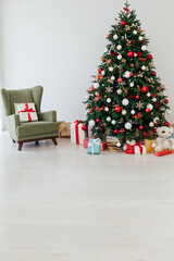 Christmas tree interior with decor gifts for the new year