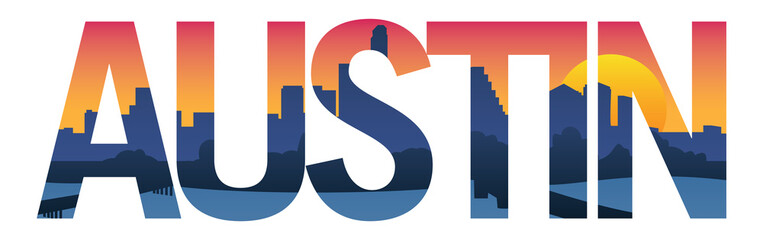 Austin Texas City Skyline Typography Overlay Isolated Vector Illustration