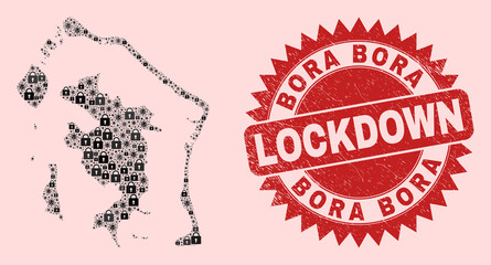 Vector pandemic lockdown composition Bora-Bora map and unclean stamp seal. Lockdown red stamp seal uses sharp rosette form. Mosaic Bora-Bora map is formed from SARS virus, and locked items. - obrazy, fototapety, plakaty
