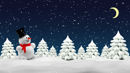 Winter forest with snowman. Christmas night landscape with trees and snowfall. 3d illustration.