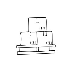 Hand drawn warehouse pallet with boxes in vector. Doodle warehouse pallet icon in vector. Isolated warehouse pallet with boxes illustration in vector.