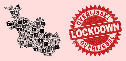 Vector Covid-2019 lockdown composition Overijssel Province map and textured stamp imitation. Lockdown red stamp uses sharp rosette form. Collage Overijssel Province map is constructed from Covid,