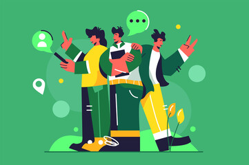 A group of colleagues are standing next to each other and discussing a project, a girl in the phone, a guy folded his arms, isolated on a green background, flat vector illustration