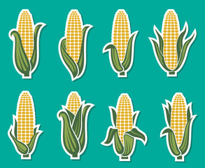 collection of corncob icons isolated on green background