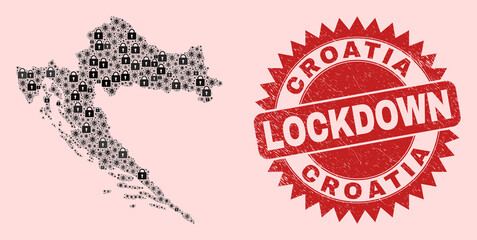 Vector Covid-2019 lockdown collage Croatia map and textured watermark. Lockdown red watermark uses sharp rosette form. Collage Croatia map is formed of covid, and lock icons.