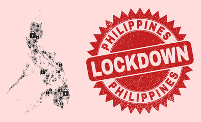 Obraz premium Vector pandemic lockdown mosaic Philippines map and dirty stamp print. Lockdown red stamp uses sharp rosette shape. Collage Philippines map is done from Covid, and lock symbols.