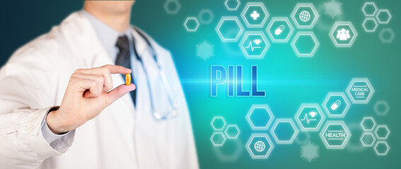 Close-up of a doctor giving you a pill with PILL inscription, medical concept