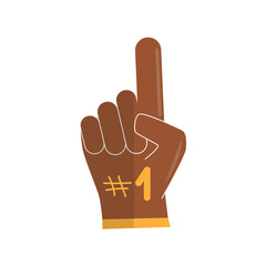 Brown rugby, american football, soccer fan hand number one glove. Super bowl, sports equipment concepts. Flat illustration.