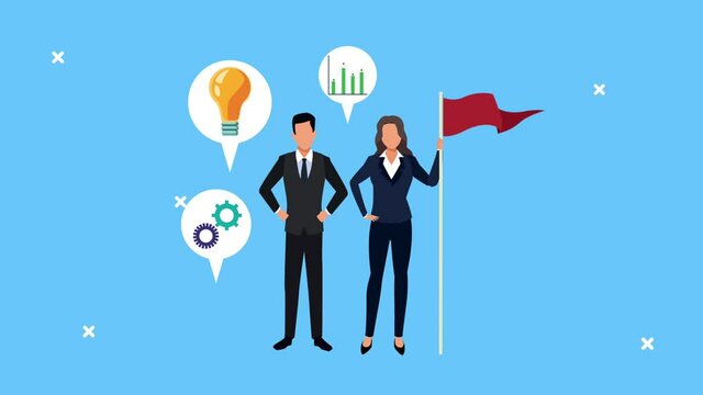 elegant business couple with success icons animation