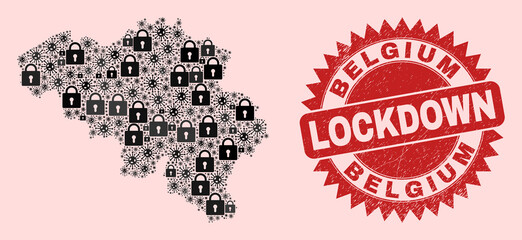 Vector coronavirus lockdown combination Belgium map and grunge seal. Lockdown red seal uses sharp rosette form. Collage Belgium map is done with coronavirus, and locked symbols.